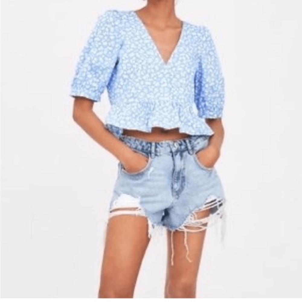 Zara Blue Floral Puff Sleeves‎ Top